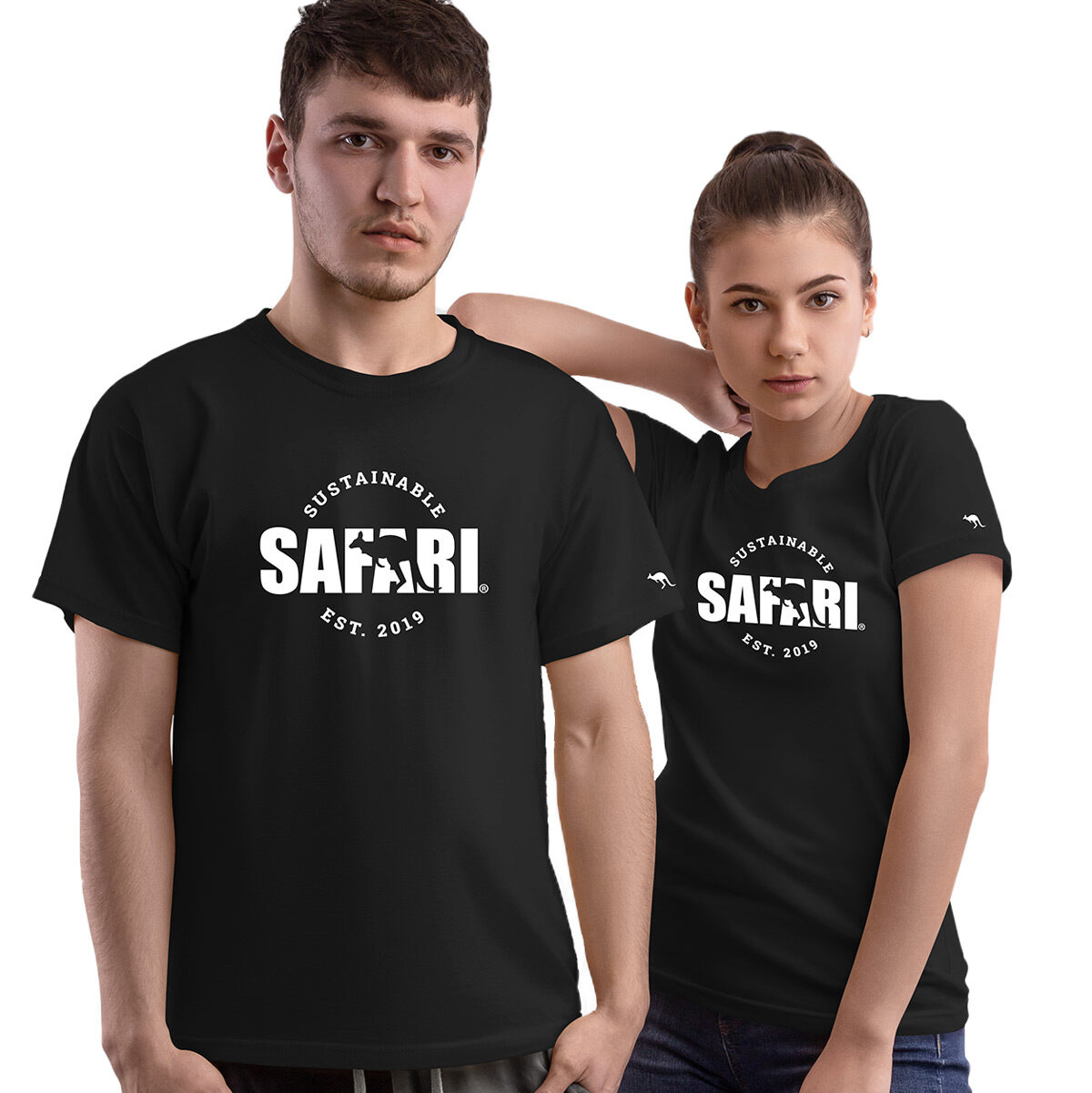 man and woman wearing black Sustainable Safari branded t-shirts
