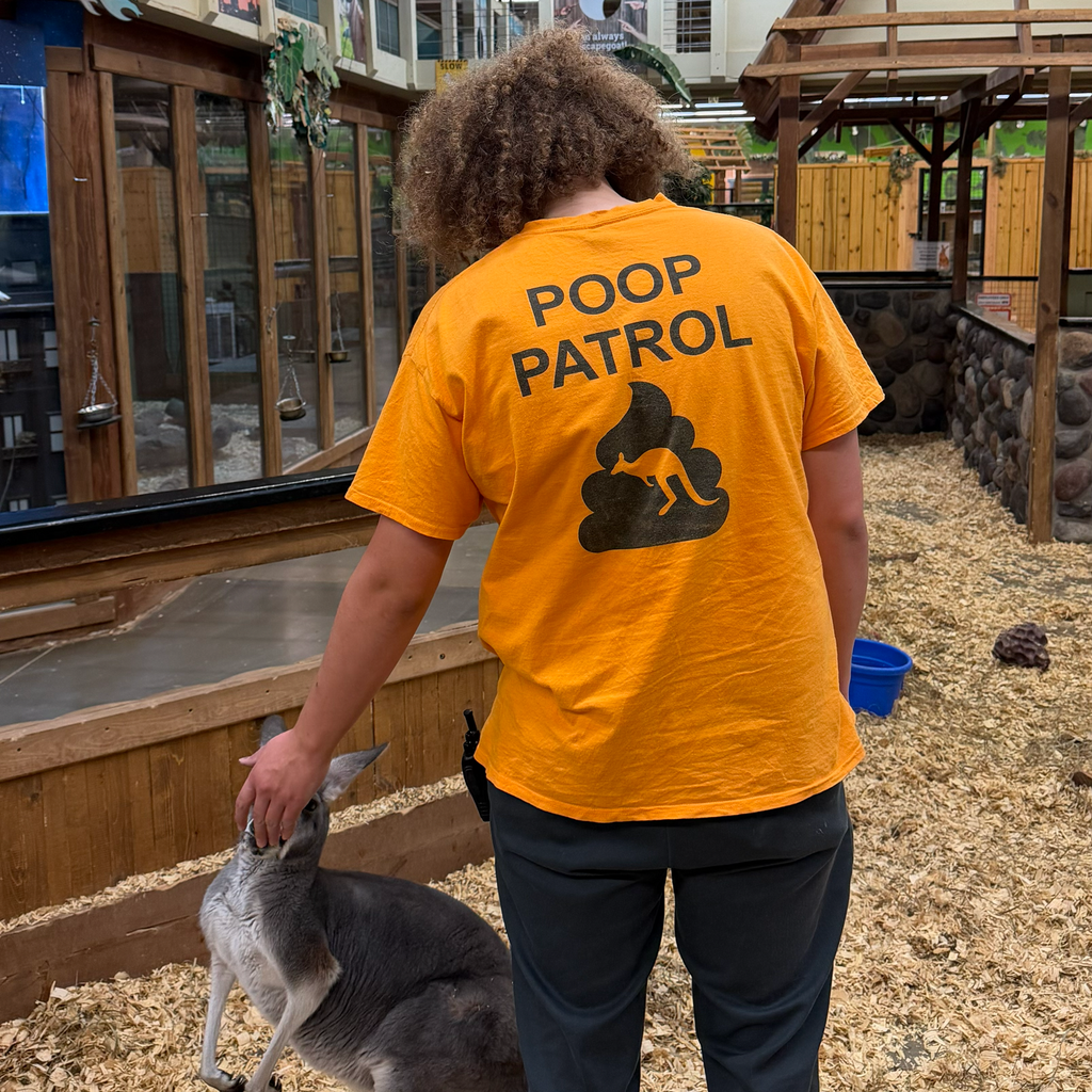 an employee facing away from the camera petting a kangaroo with an orange shirt with "poop patrol" across the back of the shirt